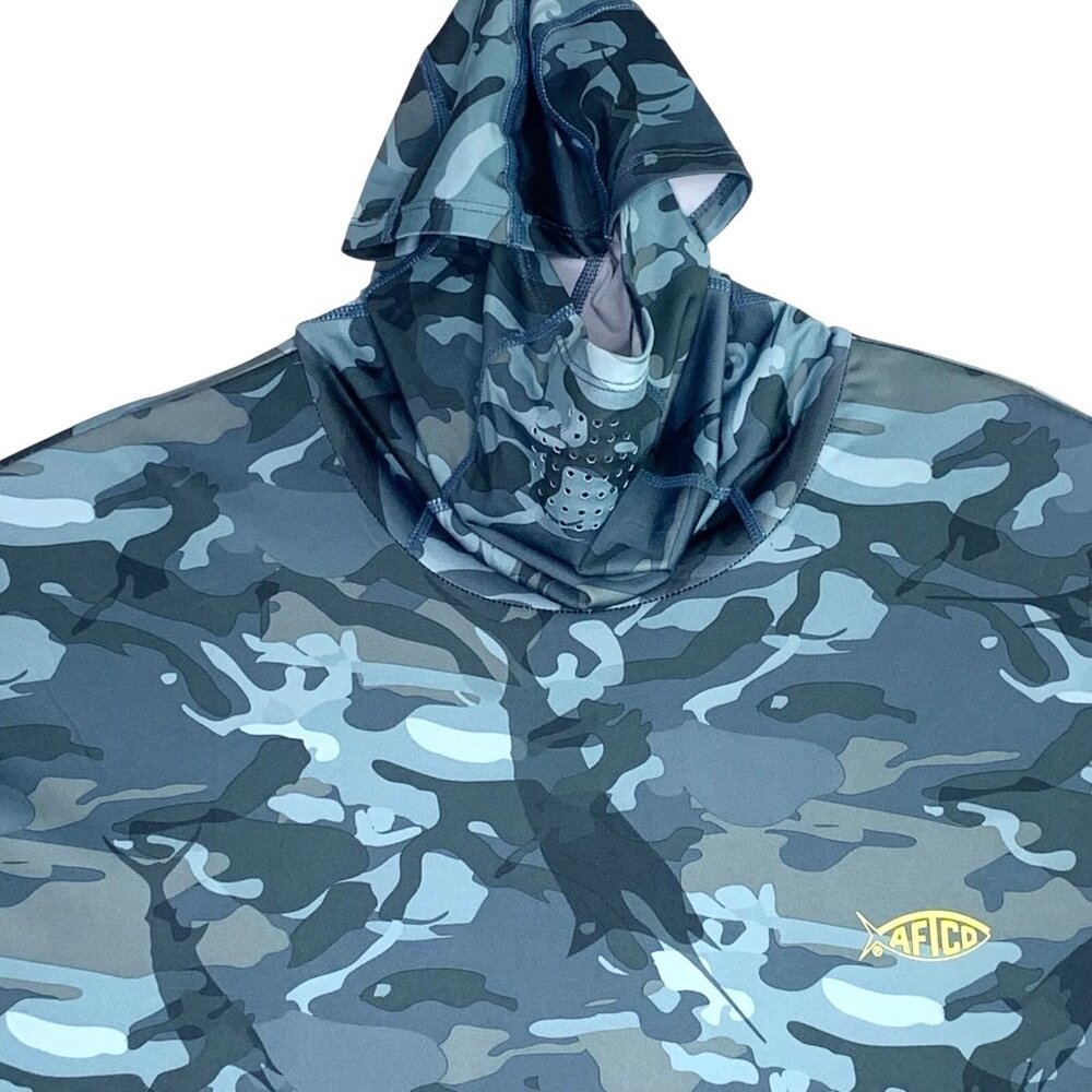 Aftco Hooded Camo Marlin Shirt Hoodie Mens Fishing Stretch Long Sleeve Blue XL